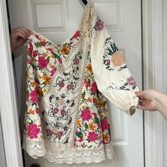 NWT Farm Rio Toucan's Garden Floral Embroidery One-Shoulder Linen Blend Dress - Picture 3 of 14